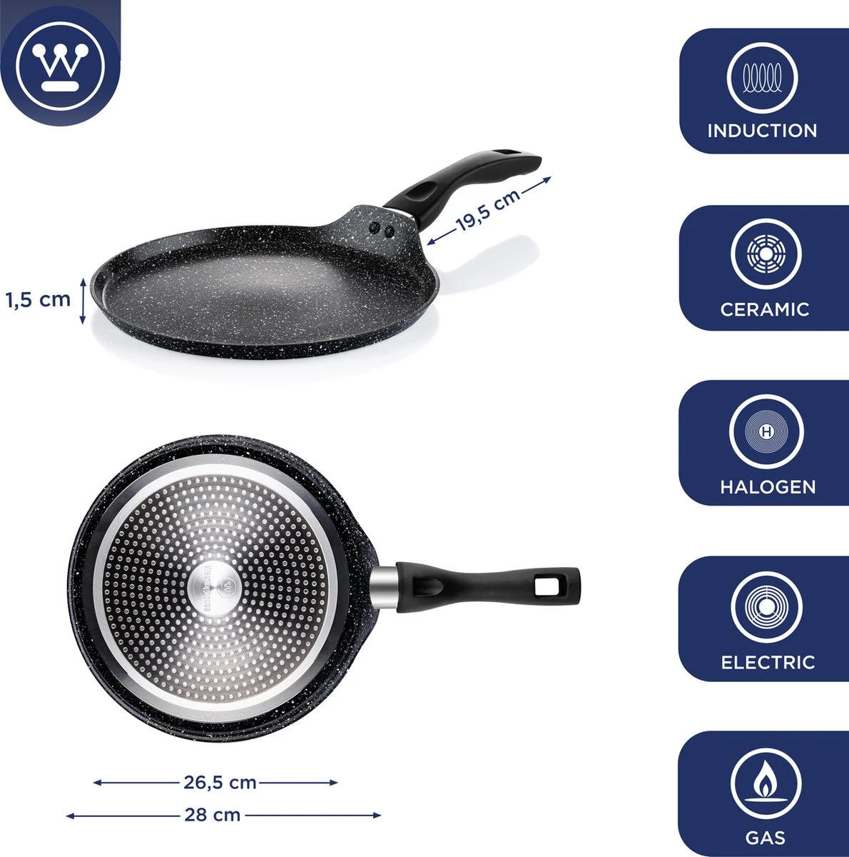 Westinghouse Black Marble - Pannenkoekenpan Inductie - Ø 28 Cm - Zwart Marmer 2 Westinghouse Black Marble - Pannenkoekenpan Inductie - Ø 28 Cm - Zwart Marmer - Afbeelding 2