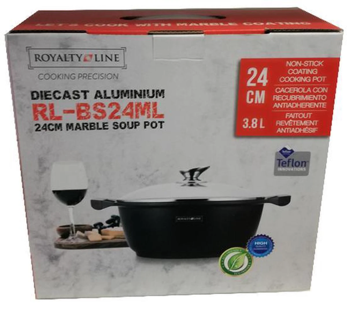 Royalty Line - Marble Soep/braadpan - Met Glazen Deksel Zwart - 24 CM. RL-BS24ML 8 Royalty Line - Marble Soep/braadpan - Met Glazen Deksel Zwart - 24 CM. RL-BS24ML - Afbeelding 8