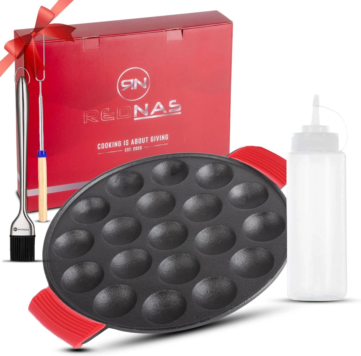 Rednas Poffertjespan Pakket - Incl. Luxe Giftbox - Incl.Bakkwast/Vork/Doseerfles - RVS/Gietijzer 1 Rednas Poffertjespan Pakket - Incl. Luxe Giftbox - Incl.Bakkwast/Vork/Doseerfles - RVS/Gietijzer