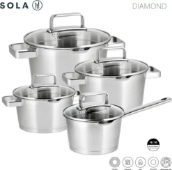 Sola Pannenset Diamond - 4 Delig - Ø 16,16,18,20 Cm - Zilver - RVS - Sandwichbodem -PannenPunt Aanbiedingen Winkel 1200x1183