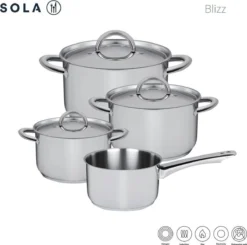 Sola Pannenset Blizz - 4 Delig - Ø Cm - Zilver - RVS - Sandwichbodem -PannenPunt Aanbiedingen Winkel 1200x1188