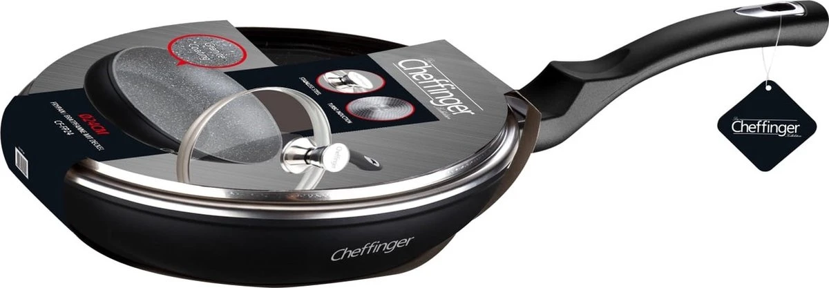 Cheffinger Koekenpan - Met Deksel - Marmeren Coating - 26 Cm - Zwart 2 Cheffinger Koekenpan - Met Deksel - Marmeren Coating - 26 Cm - Zwart - Afbeelding 2