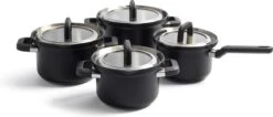 BK Flow Cool Black Glas Kookpannenset - 4-delig - Zwart - Glazen Deksel - Veilig Afgietsysteem - Inductie