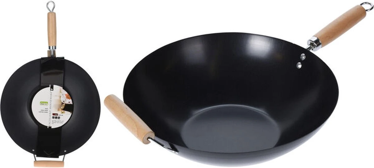 Wok Carbon Staal Ø35cm Houten Handgreep Wokpannen 1 Wok Carbon Staal Ø35cm Houten Handgreep Wokpannen
