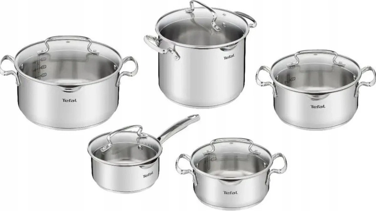 Tefal Duetto+ Pannenset -10 Delig- 5 Pannen - Kookpannenset - Zilver - Afdruipdeksels 1 Tefal Duetto+ Pannenset -10 Delig- 5 Pannen - Kookpannenset - Zilver - Afdruipdeksels