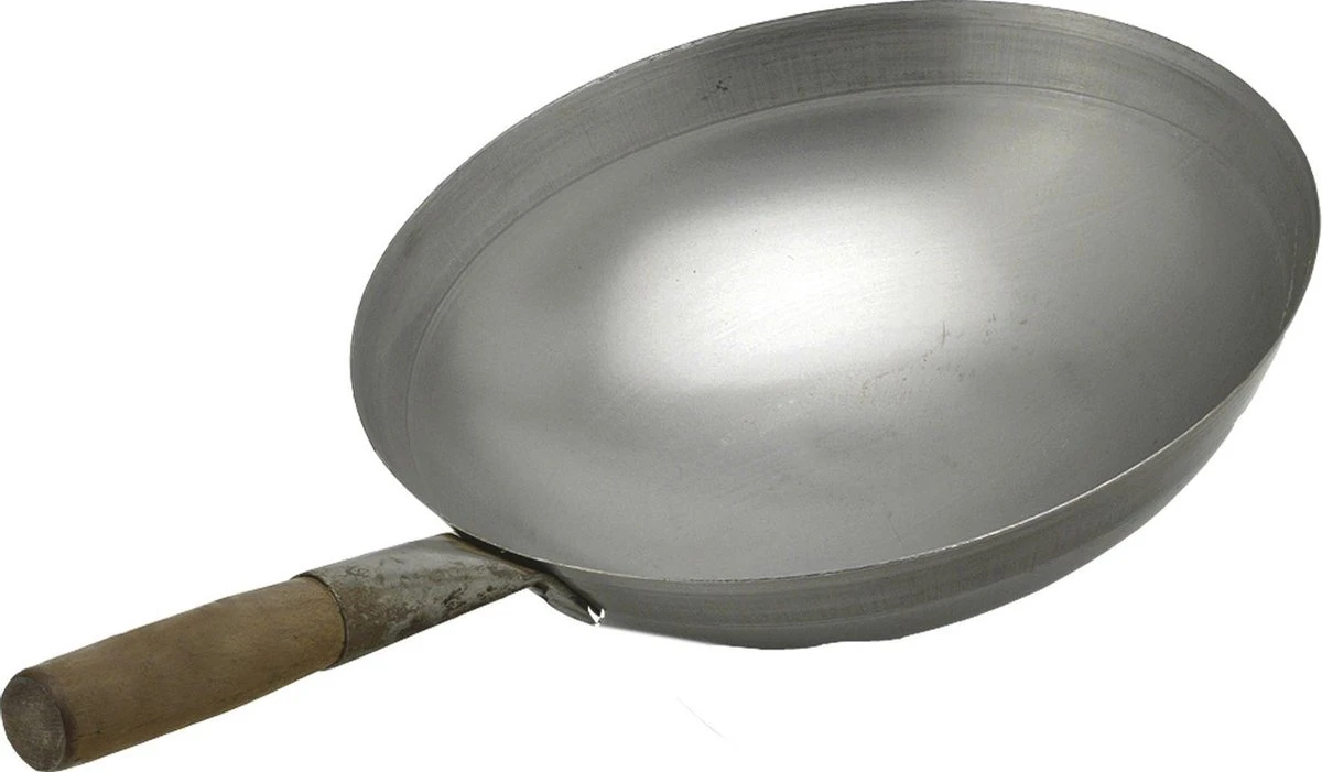 Stalen Wokpan - Ø 33 Cm - Houten Handvat - Ronde Bodem - Traditioneel - Exclusief Wokring 1 Stalen Wokpan - Ø 33 Cm - Houten Handvat - Ronde Bodem - Traditioneel - Exclusief Wokring