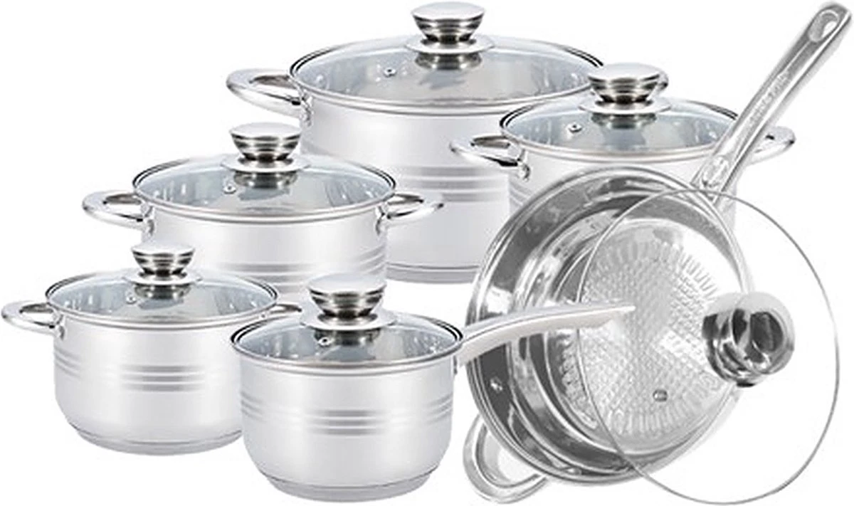 Pannenset 13 Delig - RVS - Pan / Steelpan / Koekenpan - Met Glazen Deksels - Inductie - PFAS-vrij 2 Pannenset 13 Delig - RVS - Pan / Steelpan / Koekenpan - Met Glazen Deksels - Inductie - PFAS-vrij - Afbeelding 2