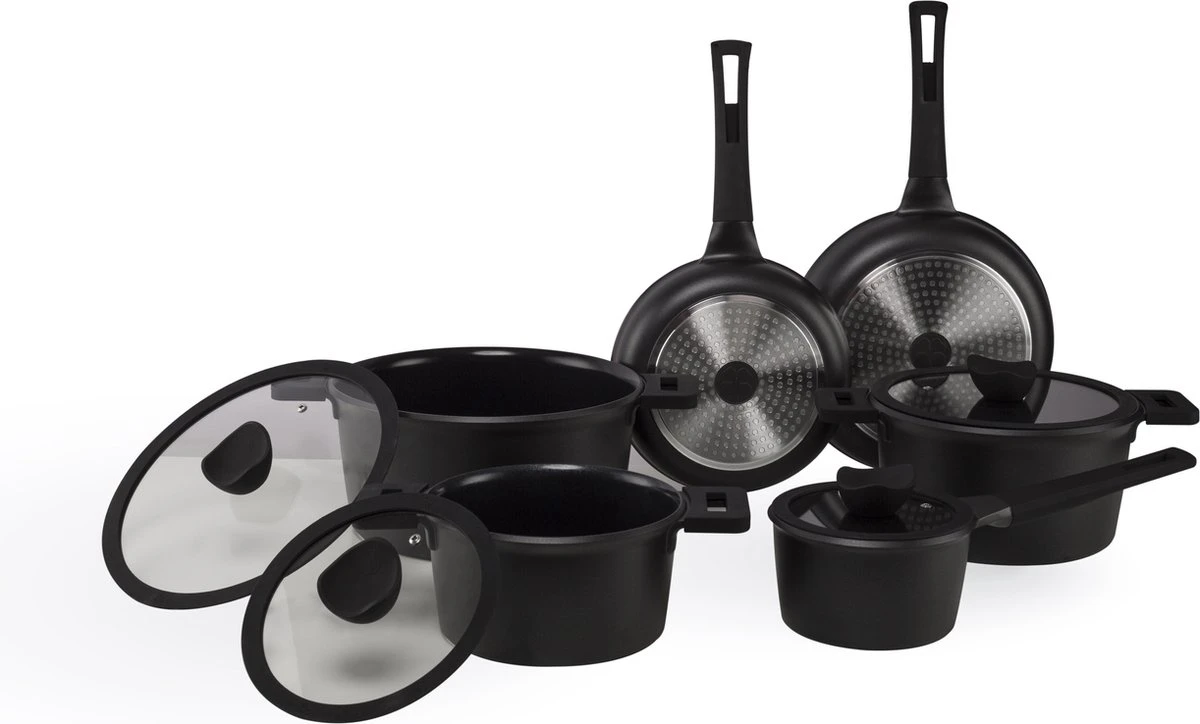The White Series - Keramische Pannenset Met Glazen Deksels - Inclusief Set Vershoudbakjes - Zwart 1 The White Series - Keramische Pannenset Met Glazen Deksels - Inclusief Set Vershoudbakjes - Zwart