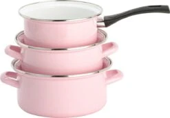 Lite-Body Pannenset - 3-delig - 2 Kookpannen & 1 Steelpan - Emaille - Serafijn Roze -PannenPunt Aanbiedingen Winkel 1200x836