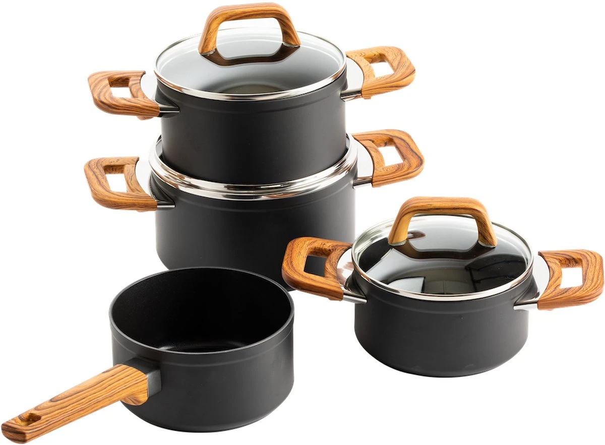 Gero Mark Kookpannenset - 4-delig - Zwart - Houtlook Grepen - Inductie - PFAS-vrij 1 Gero Mark Kookpannenset - 4-delig - Zwart - Houtlook Grepen - Inductie - PFAS-vrij