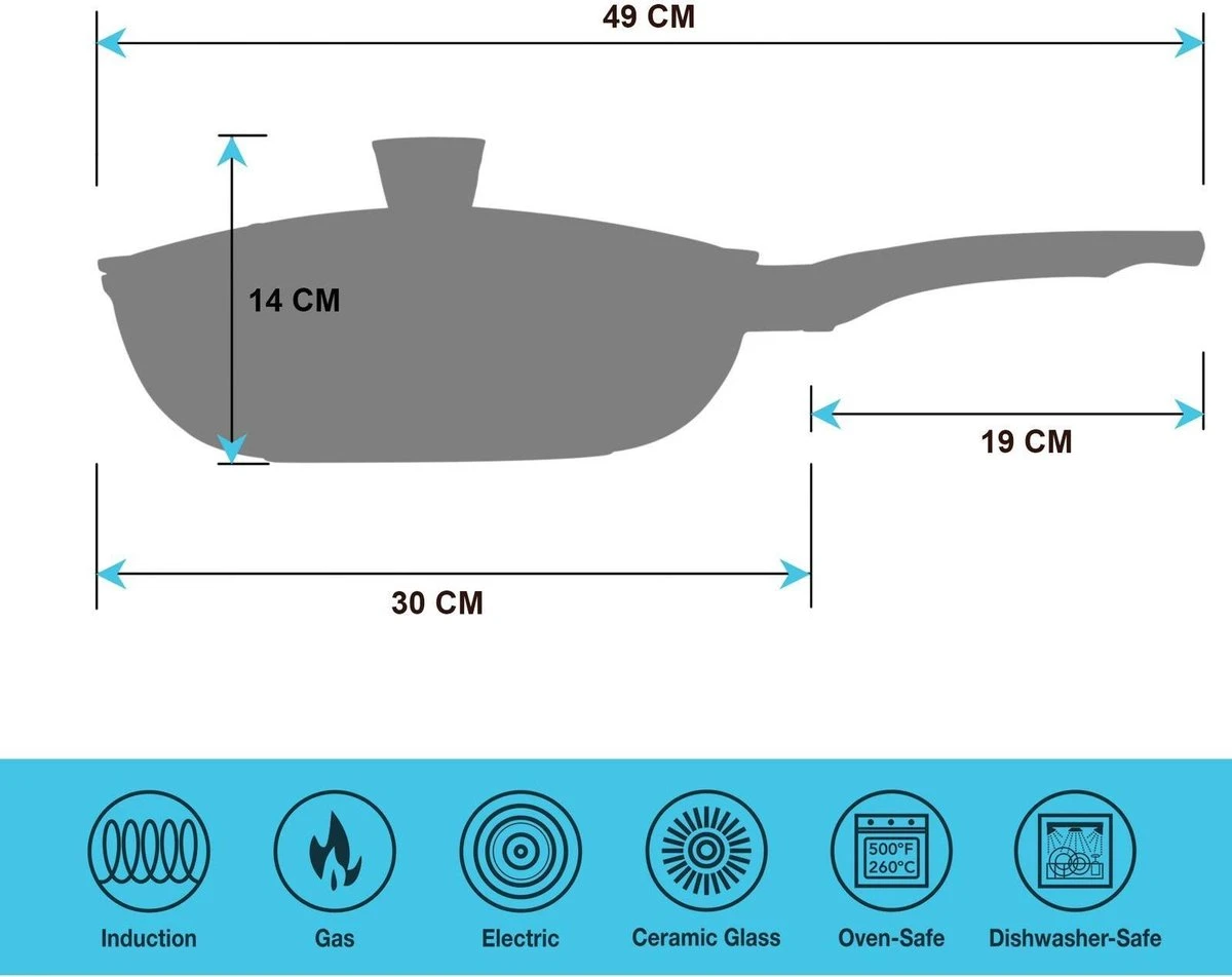 Marble Coating Wokpan Inductie - Met Glazen Deksel - Zwart - 30 Cm 5 Marble Coating Wokpan Inductie - Met Glazen Deksel - Zwart - 30 Cm - Afbeelding 5