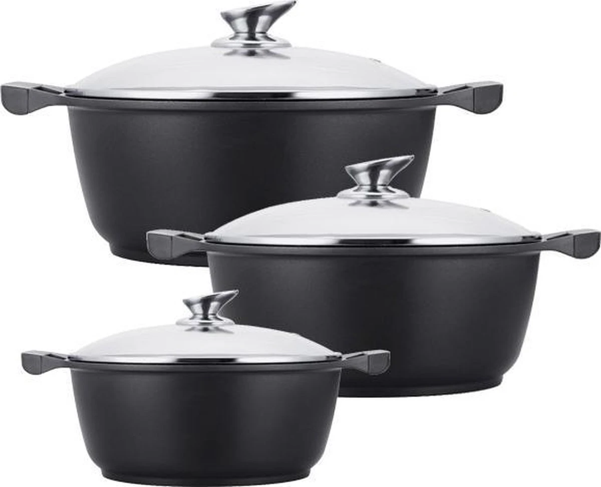 Kookkunst Holland Pannenset Inductie Met Deksels Zwart - Koudgrepen Ø 20, 24 & 28 Cm - 3 Delige 1 Kookkunst Holland Pannenset Inductie Met Deksels Zwart - Koudgrepen Ø 20, 24 & 28 Cm - 3 Delige