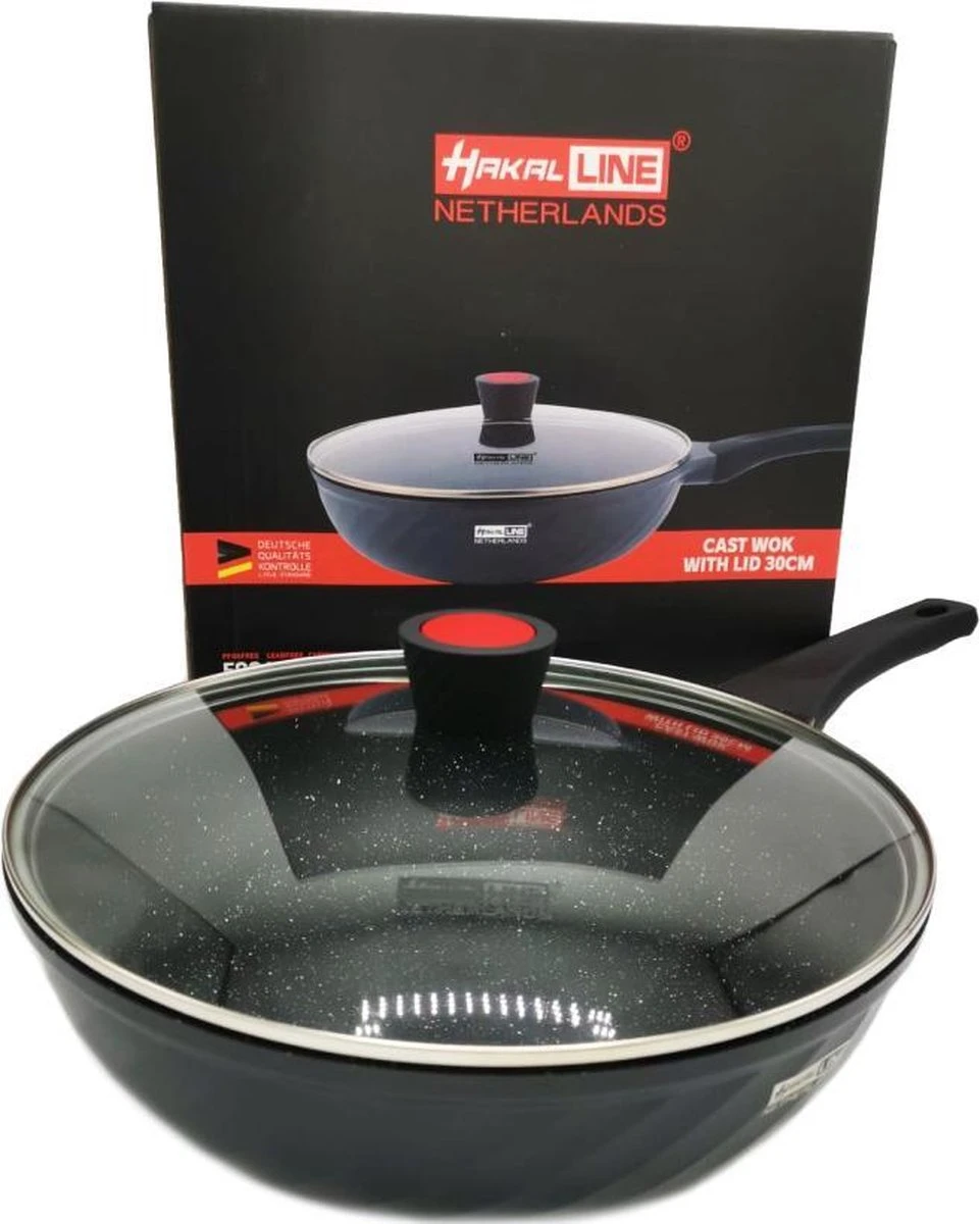 Marble Coating Wokpan Inductie - Met Glazen Deksel - Zwart - 30 Cm 7 Marble Coating Wokpan Inductie - Met Glazen Deksel - Zwart - 30 Cm - Afbeelding 7